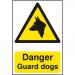 Self adhesive semi-rigid PVC Danger Guard Dogs Sign (200 x 300mm). Easy to fix; peel off the backing and apply. 1111