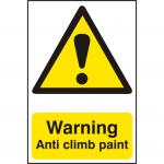 This photograph shows a collection of Spectrum Industrial warning signs. Each sign features anti-climb paint, measures 200 x 300mm, and is made of 1.2mm recyclable PP. The signs are designed to alert and deter potential intruders or hazards in industrial settings.