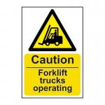 The picture shows a set of Spectrum Industrial Caution Signs cautioning about the operation of fork lift trucks. The signs are made of 1.2mm recyclable PP material and measure 400 x 600mm. They feature a bright design with clear text, making them highly visible and easily understandable. The caution signs serve as an important warning to employees and visitors about potential hazards in the workplace.
