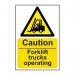 The picture shows a set of Spectrum Industrial Caution Signs cautioning about the operation of fork lift trucks. The signs are made of 1.2mm recyclable PP material and measure 400 x 600mm. They feature a bright design with clear text, making them highly visible and easily understandable. The caution signs serve as an important warning to employees and visitors about potential hazards in the workplace.