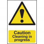 The photograph captures a view of Spectrum Industrial caution signs, indicating a cleaning in progress with bold letters. Made of 1.2mm recyclable PP material, the signs measure 200 x 300mm and feature a caution symbol, ensuring safety in industrial settings.