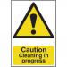 The photograph captures a view of Spectrum Industrial caution signs, indicating a cleaning in progress with bold letters. Made of 1.2mm recyclable PP material, the signs measure 200 x 300mm and feature a caution symbol, ensuring safety in industrial settings.