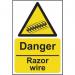 Danger Razor Wire’ Sign; Self-Adhesive Vinyl (200mm x 300mm) 11157