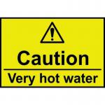 This photo is of a Spectrum Industrial caution sign, specifically for warning against very hot water. The self-adhesive vinyl sign measures 75mm x 50mm and features bold lettering and a clear graphic to convey the message.