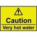 This photo is of a Spectrum Industrial caution sign, specifically for warning against very hot water. The self-adhesive vinyl sign measures 75mm x 50mm and features bold lettering and a clear graphic to convey the message.