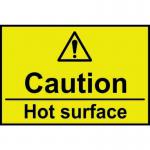 The picture shows a small, rectangular caution sign with the words Caution Hot Surface in bold red lettering. The background is yellow and there are black and white symbols indicating a potential hazard. The sign is made of self-adhesive vinyl and measures 75mm x 50mm. It is part of the Spectrum Industrial Caution Signs collection.
