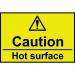 The picture shows a small, rectangular caution sign with the words Caution Hot Surface in bold red lettering. The background is yellow and there are black and white symbols indicating a potential hazard. The sign is made of self-adhesive vinyl and measures 75mm x 50mm. It is part of the Spectrum Industrial Caution Signs collection.