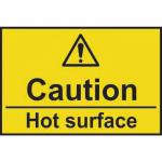 The image shows a set of Spectrum Industrial Caution Signs with the words Caution Hot Surface clearly displayed in bold letters. The signs are made of 1.2mm thick recyclable PP material and measure 75 x 50mm. The brightly colored warning signs are eye-catching and feature the standard symbol of a person with their hand touching a hot surface. They are ideal for alerting individuals to potential dangers in industrial settings.