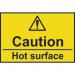 The image shows a set of Spectrum Industrial Caution Signs with the words Caution Hot Surface clearly displayed in bold letters. The signs are made of 1.2mm thick recyclable PP material and measure 75 x 50mm. The brightly colored warning signs are eye-catching and feature the standard symbol of a person with their hand touching a hot surface. They are ideal for alerting individuals to potential dangers in industrial settings.