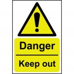 The photo shows a bright yellow industrial danger sign with a bold black text that reads Danger Keep Out. Made of 1.2mm recyclable PP material, the sign measures 200 x 300mm in size. It features the recognizable Spectrum brand name and is designed to warn and restrict access to potentially hazardous areas.