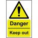 Danger Keep Out sign (200 x 300mm). Manufactured from strong rigid PVC and is non-adhesive; 0.8mm thick. 11228