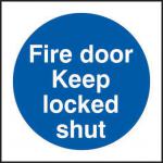 Self-Adhesive Vinyl Fire Exit Door Keep Locked Shut sign (100 x 100mm). Easy to use and fix.