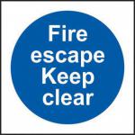 The picture shows a set of Spectrum Industrial Fire Safety Signs featuring the words Fire Escape Keep Clear in bold letters. The signs are made of 1.2mm recyclable PP material and measure 100 x 100mm. They are designed to alert and guide individuals in case of fire emergency.