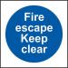 The picture shows a set of Spectrum Industrial Fire Safety Signs featuring the words Fire Escape Keep Clear in bold letters. The signs are made of 1.2mm recyclable PP material and measure 100 x 100mm. They are designed to alert and guide individuals in case of fire emergency.