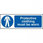 The photo shows a self-adhesive vinyl sign measuring 300mm x 100mm with the words Protective Clothing Must Be Worn printed in bold. The sign is part of the Spectrum Industrial PPE Signs collection and features images of various types of protective gear such as hard hats, safety goggles, and gloves. The background is yellow and black striped, instantly catching the eye and conveying a clear safety message.