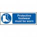 The image shows a bright yellow sign from Spectrum Industrial, measuring 600 x 200mm. The sign is made from 1.2mm thick, recyclable polypropylene and displays the words Protective footwear must be worn. The sign is designed for industrial settings to promote safety and prevent accidents.