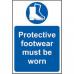 The image depicts a Spectrum Industrial PPE sign, measuring 200mm x 300mm, made of self-adhesive vinyl. The sign reads Protective Footwear Must Be Worn and features a symbol of a person wearing protective footwear. The background is a solid color with clear, bold text and a noticeable font size.