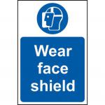 The Spectrum Industrial PPE Signs Wear Face Shield Sign is a self-adhesive vinyl sign measuring 200mm x 300mm. It features bold text and graphics that clearly communicate the requirement to wear a face shield in the workplace. The sign is easy to apply and serves as a visual reminder to ensure safety protocols are followed.