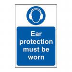 This picture shows a bright yellow sign with the words Ear protection must be worn 1.2mm Recyclable PP in bold black letters. The sign is made for industrial settings and measures 200 x 300mm. It features a symbol of ear protection and is made of durable, recyclable plastic material.