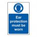 This picture shows a bright yellow sign with the words Ear protection must be worn 1.2mm Recyclable PP in bold black letters. The sign is made for industrial settings and measures 200 x 300mm. It features a symbol of ear protection and is made of durable, recyclable plastic material.