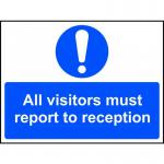 The image shows an industrial safety sign from Spectrum. It is made of 1.2mm thick recyclable PP and measures 600 x 450mm. The sign reads All visitors must report to reception. The design is simple and professional, with clear text and bold colors. Perfect for ensuring safety in any industrial setting.