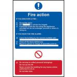 The image shows a bright and bold Spectrum Industrial Fire Safety Sign, specifically the Fire Action Procedure Sign. Made of self-adhesive vinyl, it measures 200mm x 300mm and features clear and concise instructions in case of a fire emergency. The design is simple yet eye-catching, making it easily visible in any workplace or setting.