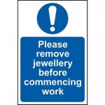 Please Remove Jewellery Before Commencing Work&rsquo; Sign; Self-Adhesive Vinyl (200mm x 300mm)
