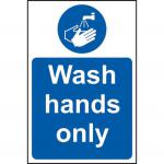 This image shows a Spectrum Industrial Covid-19 & Social Distancing sign for hand washing only. It is made of self-adhesive vinyl and measures 200mm x 300mm. The sign has a simple design and clear text, making it easy to understand and follow. It serves as a reminder to practice good hygiene and maintain social distancing during the current pandemic.