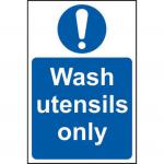 The photo shows a Spectrum Industrial Food Prep Signs Wash Utensils Only Sign, made of self-adhesive vinyl, with dimensions of 200mm x 300mm. The sign is designed with clear text and graphics, indicating that only utensils should be washed in this designated area. It is a practical and straightforward signage for food preparation areas.