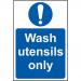 This photo shows a set of Spectrum Industrial Food Prep Signs, specifically for utensils. The signs are made of 1.2mm thick recyclable PP material and measure 200 x 300mm. They are clearly marked with the words Wash utensils only in bold letters. The signs are designed for use in food preparation areas to ensure proper hygiene and safety standards are followed.