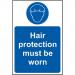 This picture shows a small, self-adhesive vinyl sign measuring 200mm x 300mm for hair protection that must be worn in industrial settings. The sign features clear and bold lettering, with the words Spectrum Industrial PPE Signs written at the top. The top half of the sign is bright yellow, while the bottom half is black, making it easily visible. The sign also includes a symbol of a person wearing a hard hat and hair net, emphasizing the importance of wearing proper safety gear.