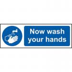 This picture features a Spectrum Industrial Covid-19 & Social Distancing Now Wash Your Hands Sign. The sign is made of self-adhesive vinyl and measures 300mm x 100mm. The design incorporates bold text and a hand washing symbol on a white background. The sign is suitable for use in industrial settings and reminds individuals to practice proper hand hygiene in light of the ongoing pandemic.