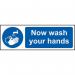 The image shows several Spectrum Industrial Covid-19 and social distancing signs, made of 1.2mm recyclable PP material. The signs measure 300 x 100mm and have the message Now wash your hands written in bold. The background color is white with black and red text, making the message highly visible. The signs have rounded corners and are designed to be placed in public areas to remind people of proper hygiene practices.