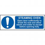 In this picture, we see a Spectrum Industrial Food Prep sign featuring a steaming oven with its door open. The sign reads Sufficiently To Break The Seal and is made of self-adhesive vinyl measuring 300mm x 100mm.