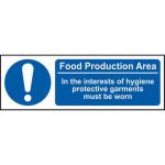 The photograph shows a series of signs designed for food preparation in an industrial setting. The signs are made of 1.2mm recyclable PP material and measure 300 x 100mm. The focus is on maintaining hygiene in this designated area.