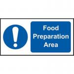 The Spectrum Industrial Food Prep Signs Food Preparation Area Sign is a rectangular self-adhesive vinyl sign measuring 200mm x 100mm. The background is white with bold black text that reads Food Preparation Area in the center. The edges are surrounded by a blue border. This sign is perfect for clearly marking designated food preparation areas in any industrial setting.