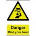 A photo of the Spectrum Industrial Danger Signs shows a cautionary sign with a bold red Danger heading and the warning Mind your head below. Made from 1.2mm recyclable PP material, it measures 200 x 300mm and has a vibrant design with clear text.