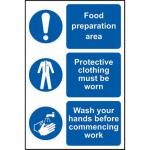 This photograph features a self-adhesive vinyl sign measuring 200mm x 300mm. The sign reads This Is A Food Production Area and Protective Clothing Must Be Worn. It is designed for industrial food prep areas and serves as a clear reminder for employees to adhere to safety protocols.