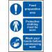 The picture shows Spectrum Industrial Food Prep Signs used in a food production area. The signs specify that 1.2mm thick protective clothing must be worn and are made of recyclable PP material. Each sign measures 200 x 300mm and is labeled with the code 11505.
