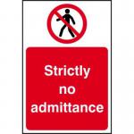 In the photograph, there is a stack of Spectrum Industrial Prohibited Signs with the text Strictly no admittance featured prominently on each sign. The material is 1.2mm Recyclable PP and the dimensions are 200 x 300mm. The signs are neatly organized and ready to be used for various industrial purposes.