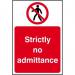 In the photograph, there is a stack of Spectrum Industrial Prohibited Signs with the text Strictly no admittance featured prominently on each sign. The material is 1.2mm Recyclable PP and the dimensions are 200 x 300mm. The signs are neatly organized and ready to be used for various industrial purposes.