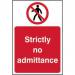 The picture shows a Spectrum Industrial Prohibited Signs Strictly No Admittance Sign. It is made of self-adhesive vinyl and measures 400mm x 600mm. The sign has a bold red circle with a diagonal line in the center and the words strictly no admittance written in white on a black background. The sign is professional and clearly communicates that entry is not allowed.