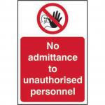 The photograph captures a Spectrum Industrial Prohibited Signs No Admittance To Unauthorised Personnel Sign, made of Self-Adhesive Vinyl and measuring 200mm x 300mm. Boldly printed on the sign are the words No Admittance with a red circle and slash through it, clearly indicating that unauthorised personnel are not allowed in the area. The sign features a strong adhesive backing, making it easy to affix to any surface. The sleek design and durable material make it a reliable option for warning against unauthorised entry.