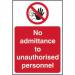 The photograph captures a Spectrum Industrial Prohibited Signs No Admittance To Unauthorised Personnel Sign, made of Self-Adhesive Vinyl and measuring 200mm x 300mm. Boldly printed on the sign are the words No Admittance with a red circle and slash through it, clearly indicating that unauthorised personnel are not allowed in the area. The sign features a strong adhesive backing, making it easy to affix to any surface. The sleek design and durable material make it a reliable option for warning against unauthorised entry.