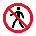 This image shows a circular industrial sign with a red, diagonal line crossing through the words No thoroughfare. The sign is made of 1.2mm recyclable PP material and measures 400 x 400mm.