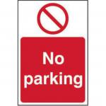This picture shows a Spectrum Industrial Prohibited Signs No Parking Sign made of self-adhesive vinyl. It measures 200mm x 300mm and features the words No Parking in bold, red letters on a white background. The sign is rectangular with rounded corners and has a clean and professional look. It is mounted to a surface and ready to be displayed.
