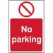 This picture shows a Spectrum Industrial Prohibited Signs No Parking Sign made of self-adhesive vinyl. It measures 200mm x 300mm and features the words No Parking in bold, red letters on a white background. The sign is rectangular with rounded corners and has a clean and professional look. It is mounted to a surface and ready to be displayed.