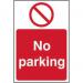 The image shows a busy industrial road with various traffic signs in bright colors. There is a No Parking sign made of 1.2mm recyclable PP material measuring 200 x 300mm. The sign number is 11627.