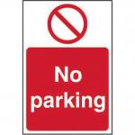 A photo of Spectrum Industrial Road and Traffic Signs No parking shows a bright yellow rectangular sign made of 1.2mm recyclable PP material, measuring 400 x 600mm. The sign has bold black lettering and a clear graphic of a car with a red cross over it, indicating no parking allowed in the area. The sign is mounted on a metal pole, standing tall in front of a busy road, with cars and buildings visible in the background.