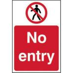A brightly colored, rectangular sign with a bold NO ENTRY in large, white letters. The background features a red and black striped pattern with a diagonal, white slash across the center. Made of durable vinyl, with Spectrum Industrial Prohibited Signs text in small font at the bottom. Measures 400mm x 600mm.
